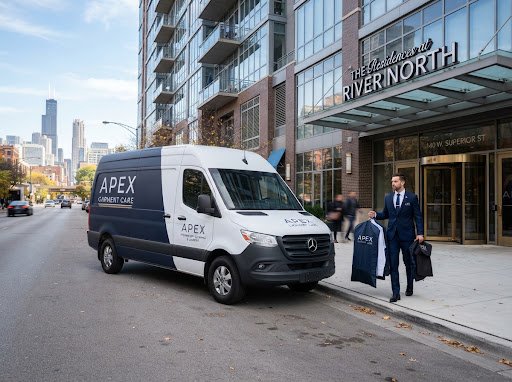 Apex Garment Care luxury delivery van and uniformed concierge valet outside River North high-rise residence